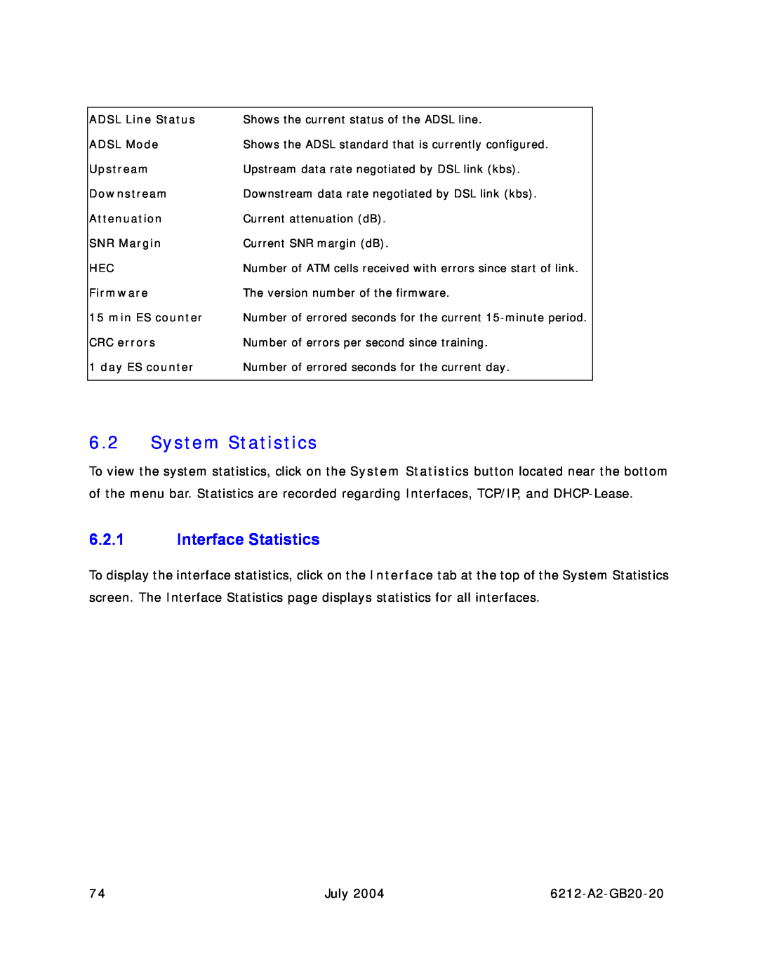 Paradyne 6212 manual System Statistics, Interface Statistics 