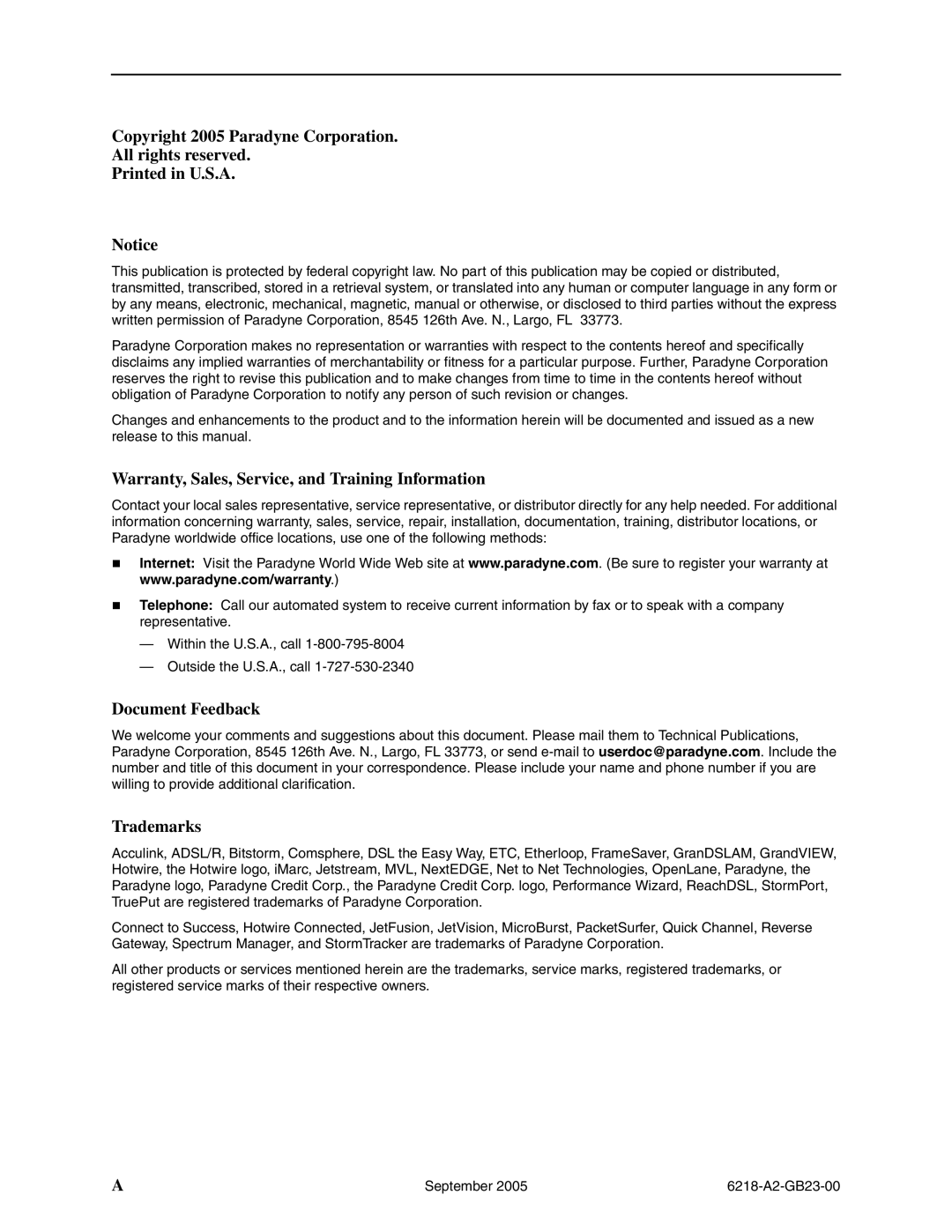 Paradyne 6218-I1 manual Copyright 2005 Paradyne Corporation All rights reserved 