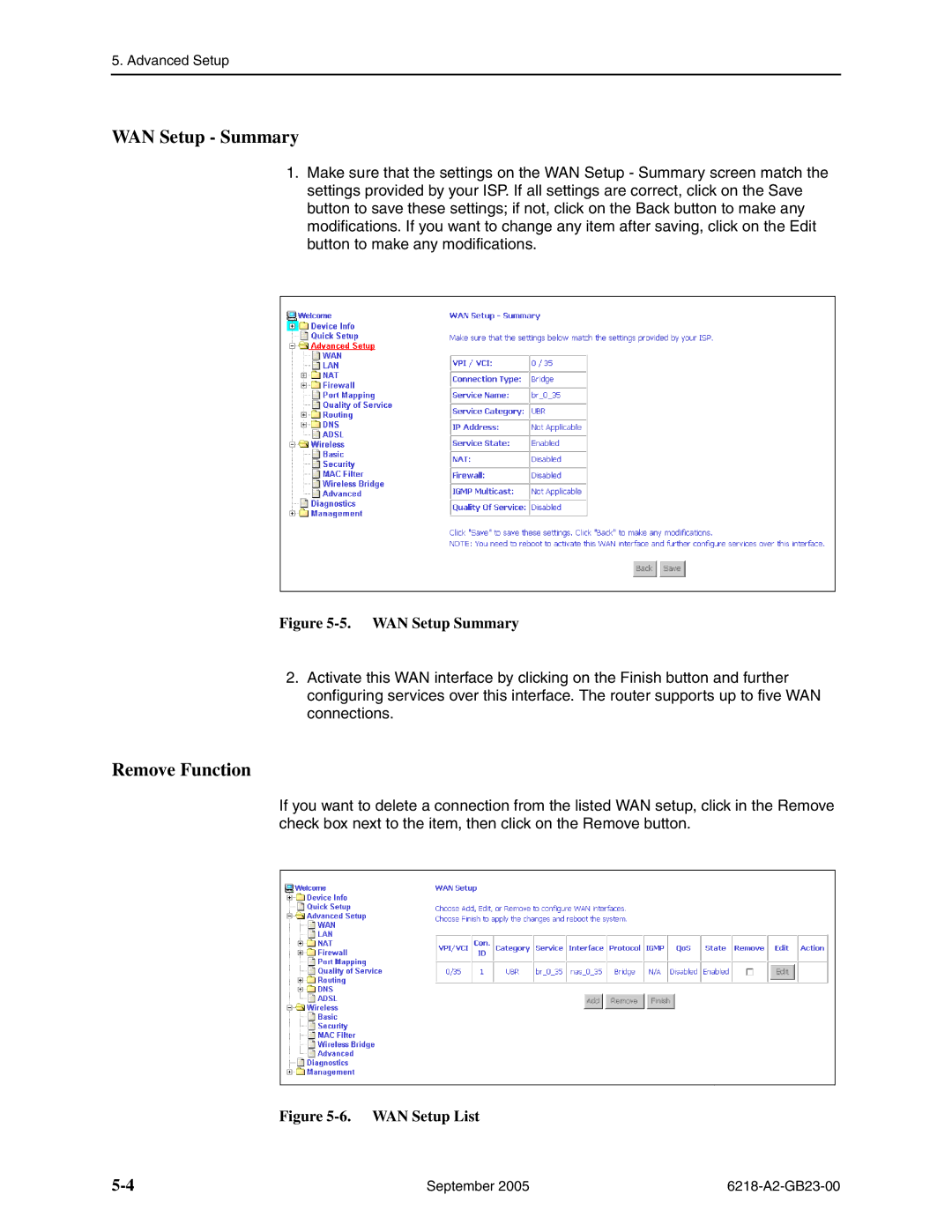 Paradyne 6218-I1 manual WAN Setup Summary, Remove Function 