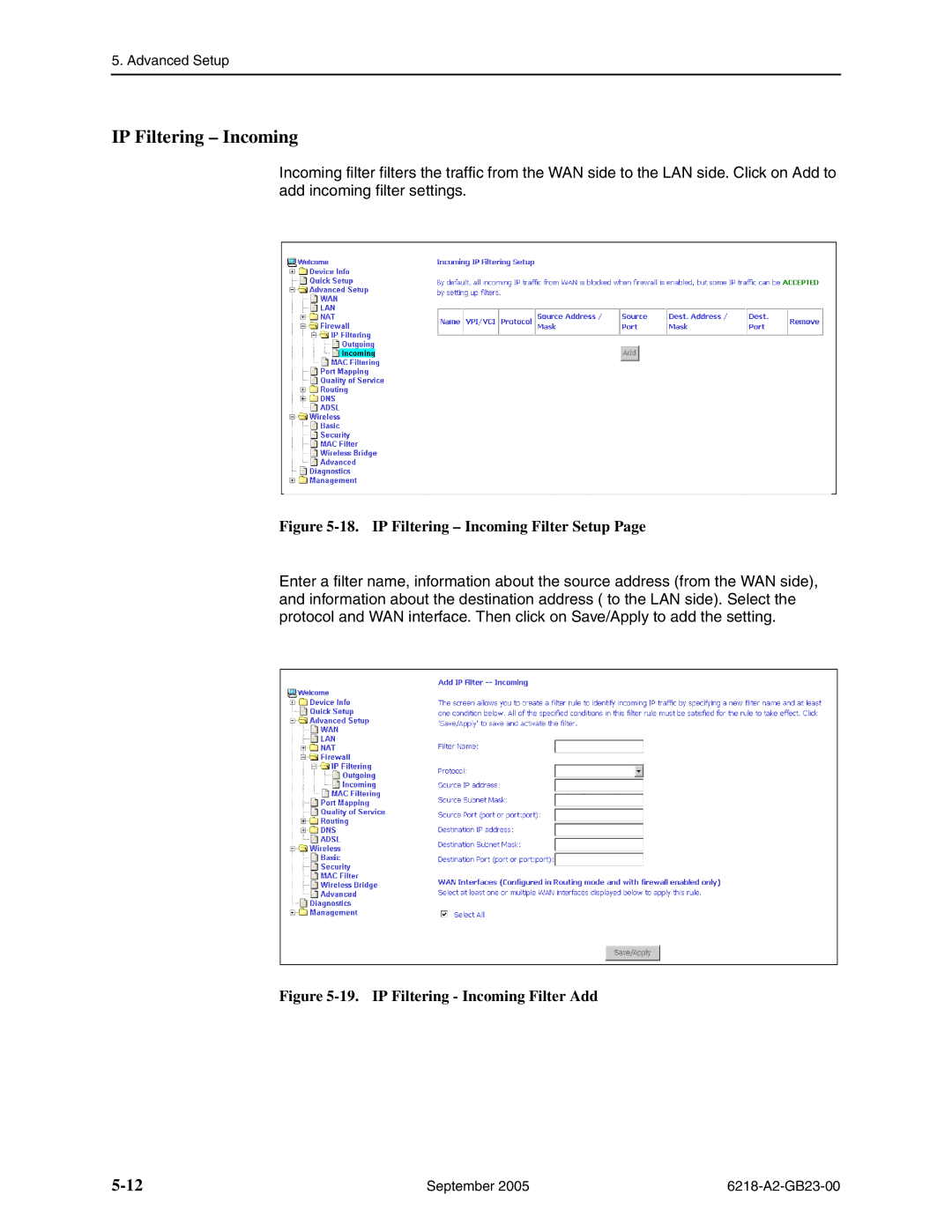 Paradyne 6218-I1 manual IP Filtering Incoming Filter Setup 