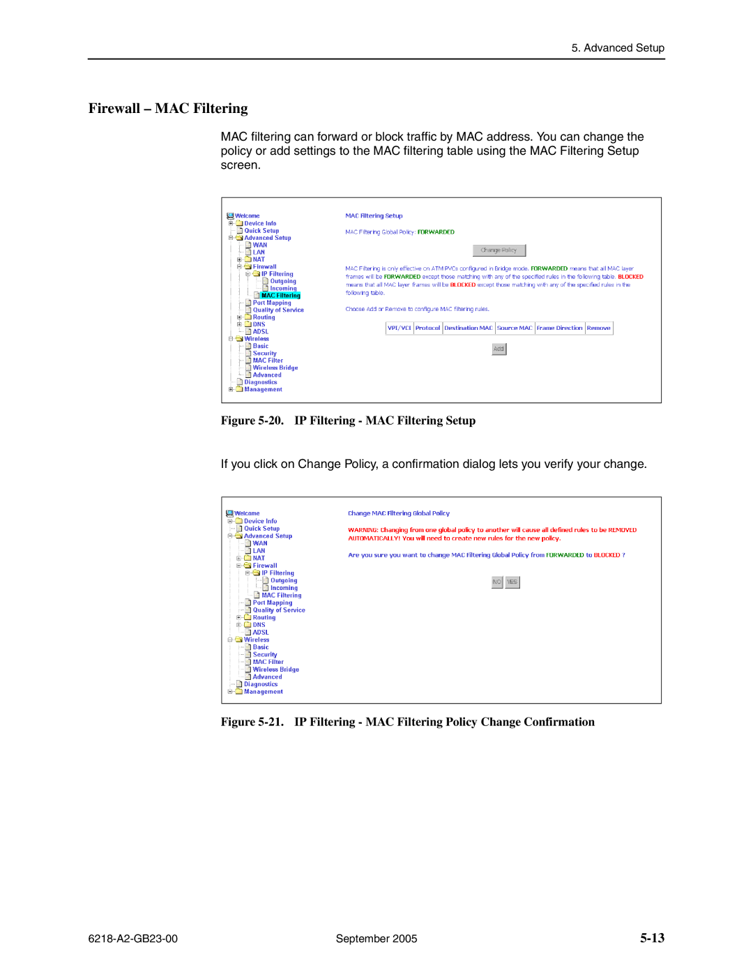 Paradyne 6218-I1 manual Firewall MAC Filtering, IP Filtering MAC Filtering Setup 