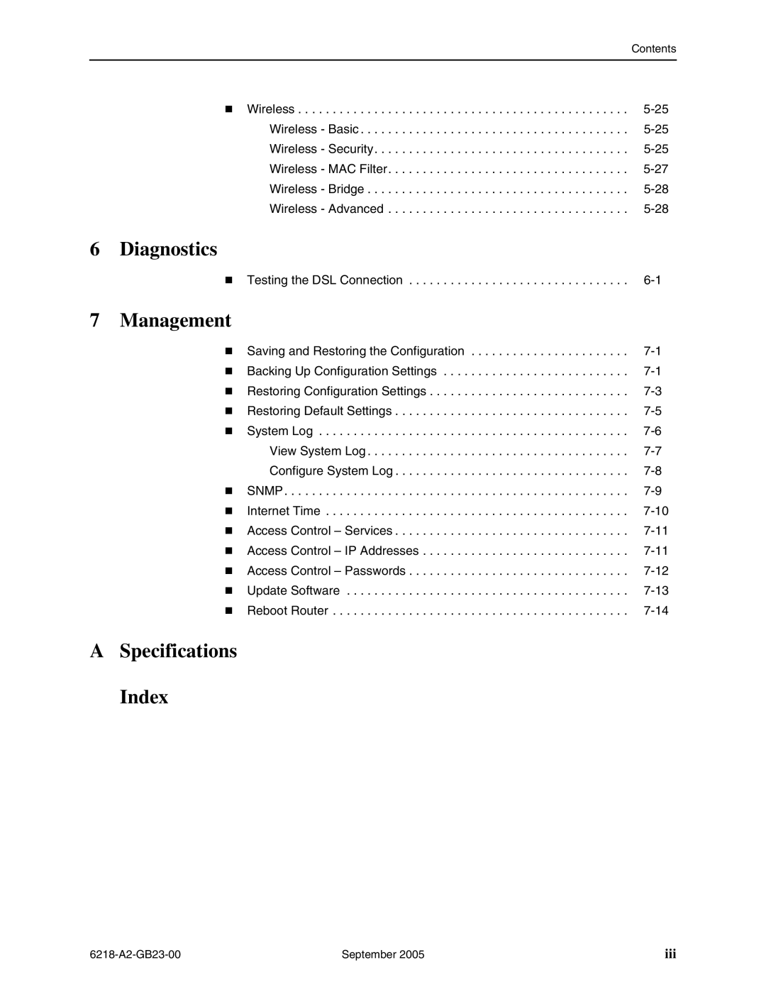 Paradyne 6218-I1 manual Diagnostics, Management, Specifications Index 