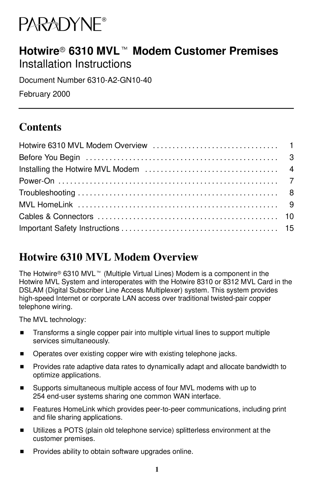 Paradyne 6310 MVLt installation instructions Contents, Hotwire 6310 MVL Modem Overview 