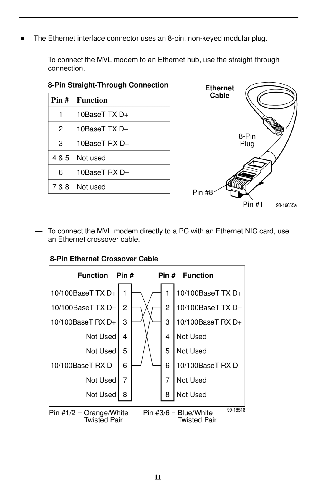 Paradyne 6310 MVLt installation instructions Pin Straight-Through Connection, Ethernet Cable 