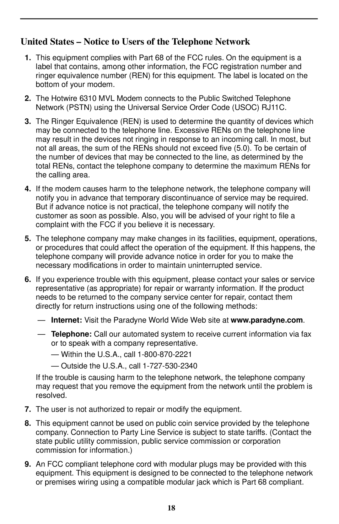 Paradyne 6310 MVLt installation instructions United States Notice to Users of the Telephone Network 