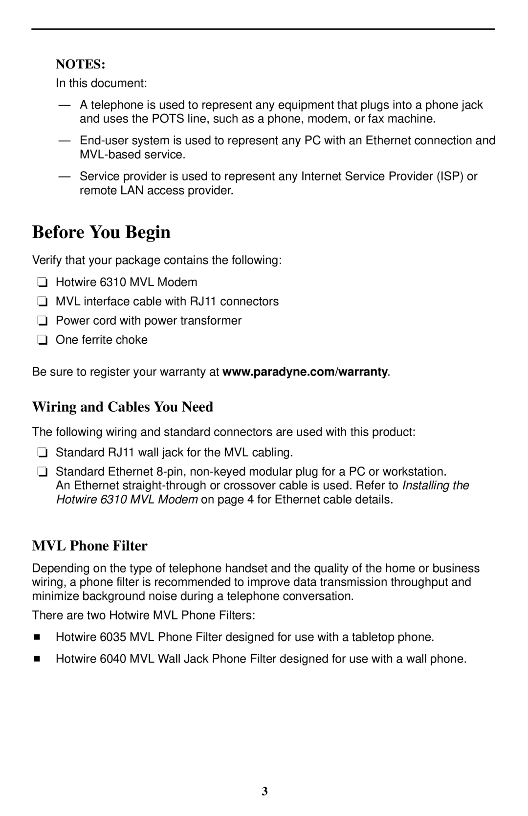 Paradyne 6310 MVLt installation instructions Before You Begin, Wiring and Cables You Need, MVL Phone Filter 