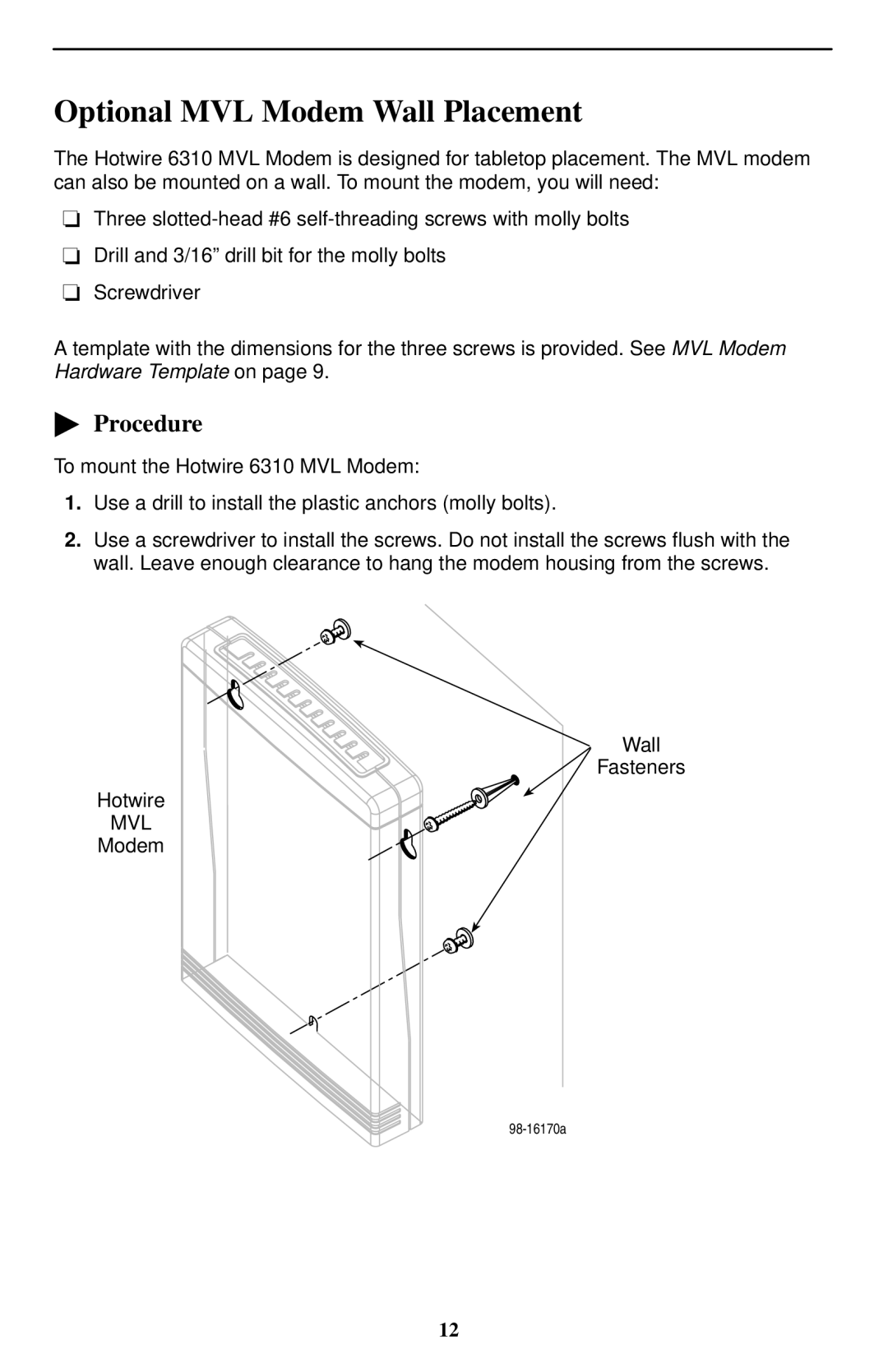 Paradyne 6310 MVLt installation instructions Optional MVL Modem Wall Placement, Procedure 