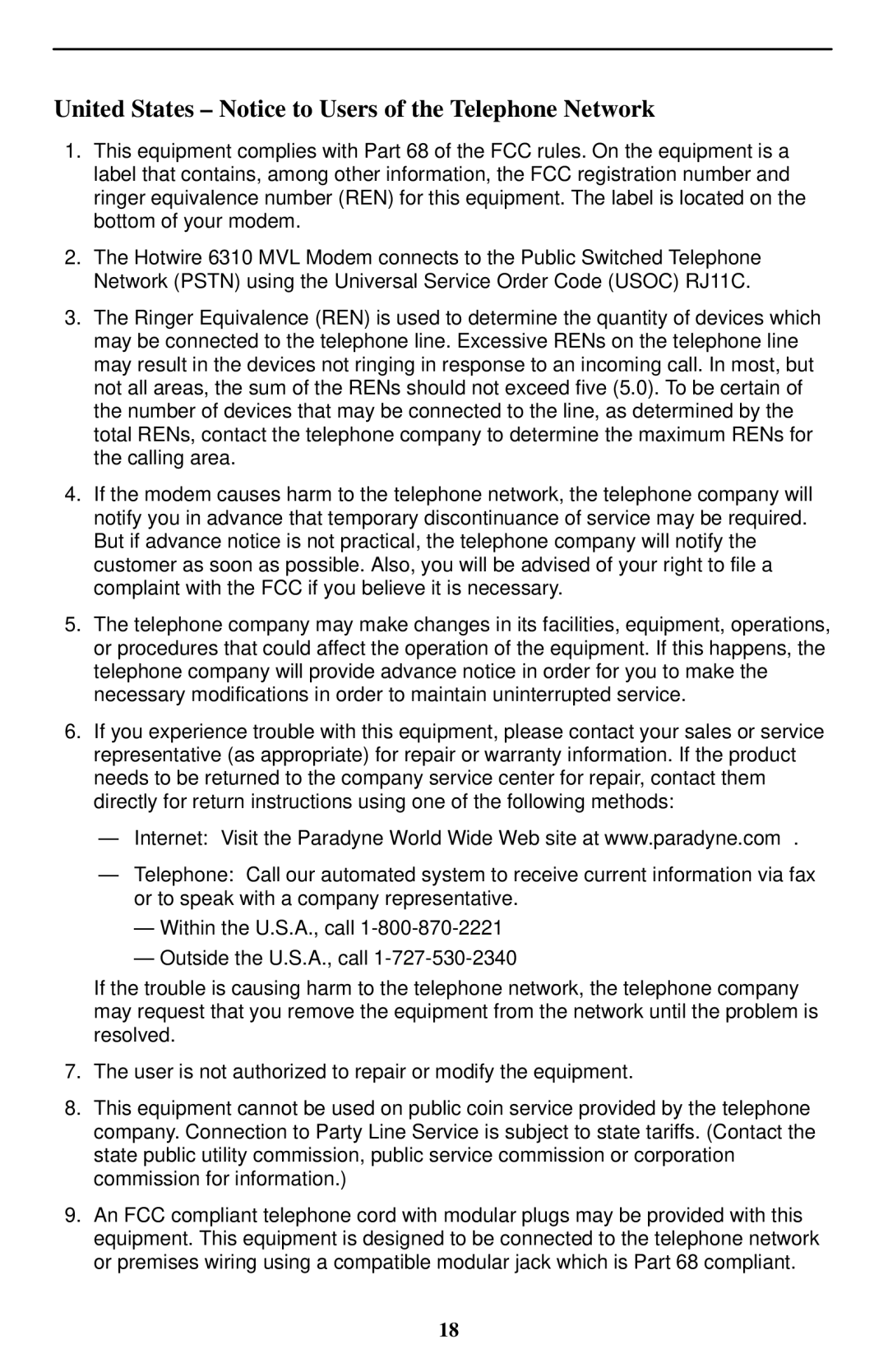 Paradyne 6310 MVLt installation instructions United States Notice to Users of the Telephone Network 