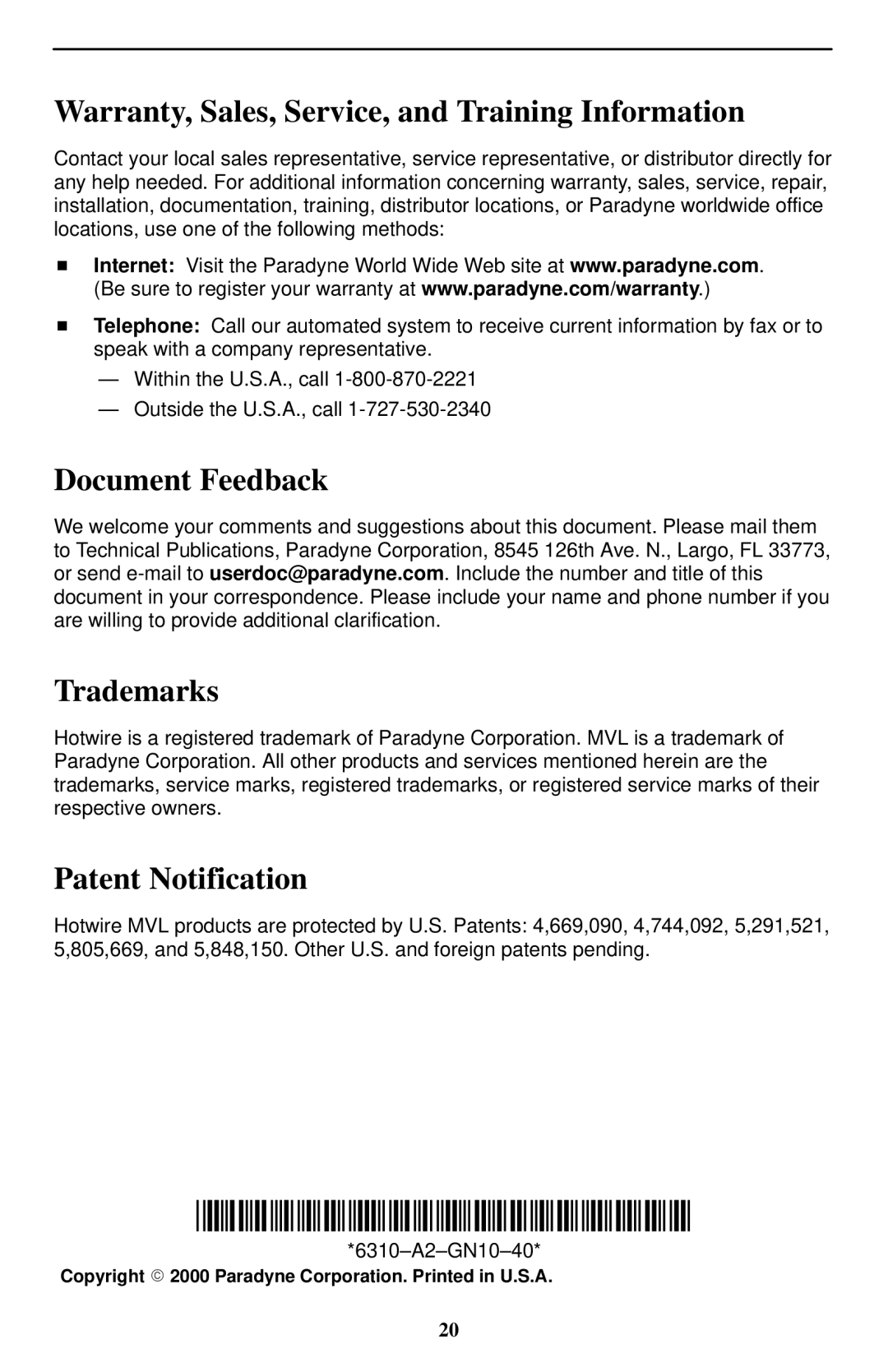 Paradyne 6310 MVLt Warranty, Sales, Service, and Training Information, Document Feedback, Trademarks, Patent Notification 