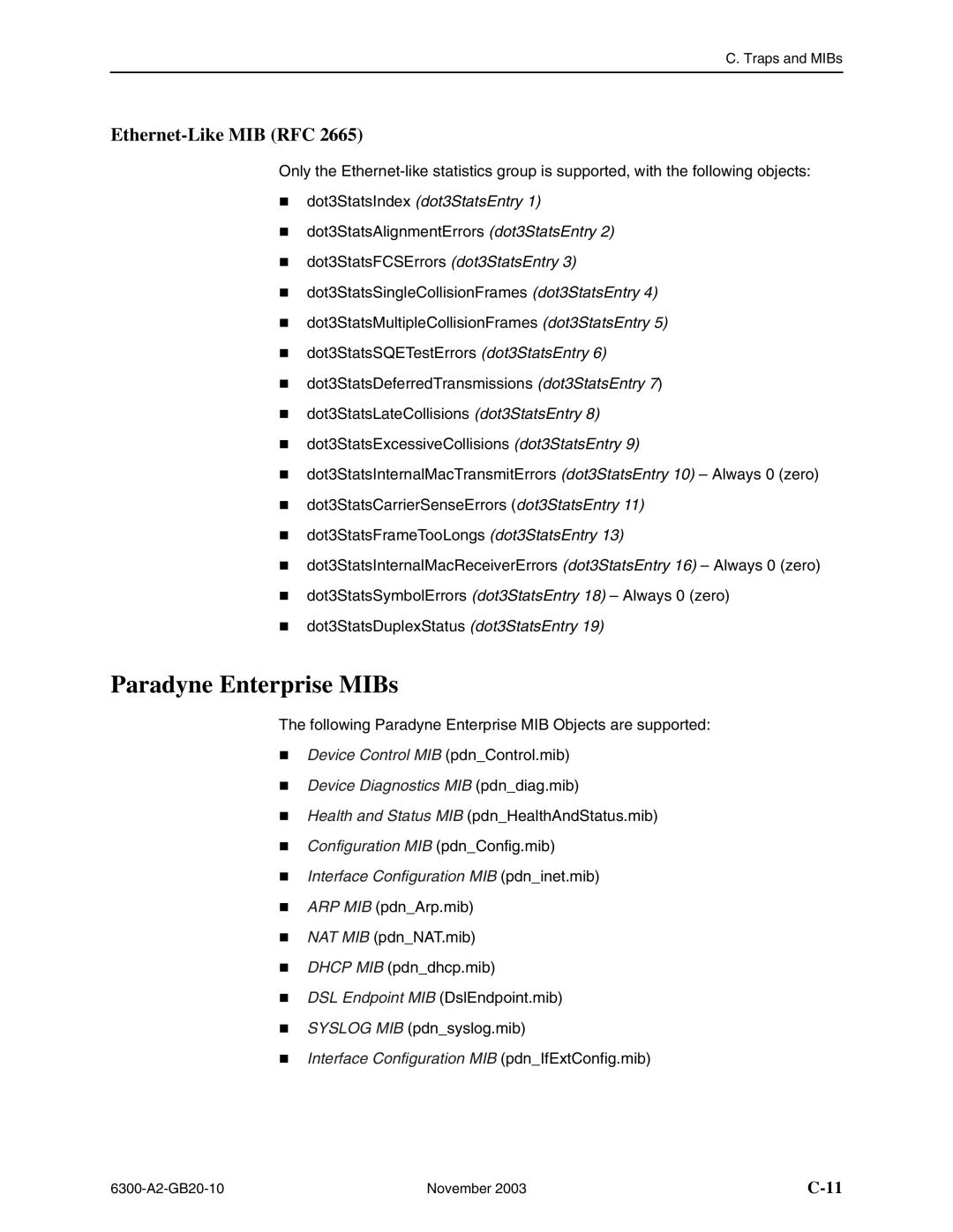 Paradyne 6302, 6341, 6301, 6342, 6371, 6351 manual Paradyne Enterprise MIBs, Ethernet-Like MIB RFC 