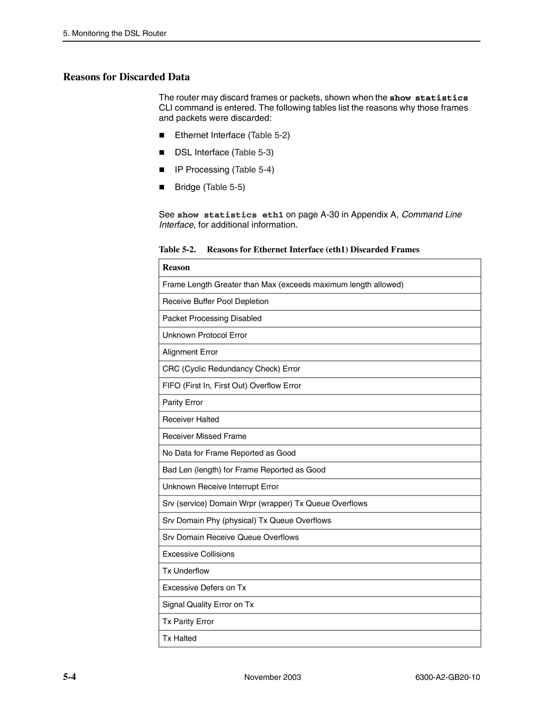 Paradyne 6342, 6341, 6301, 6371, 6351, 6302 Reasons for Discarded Data, Reasons for Ethernet Interface eth1 Discarded Frames 