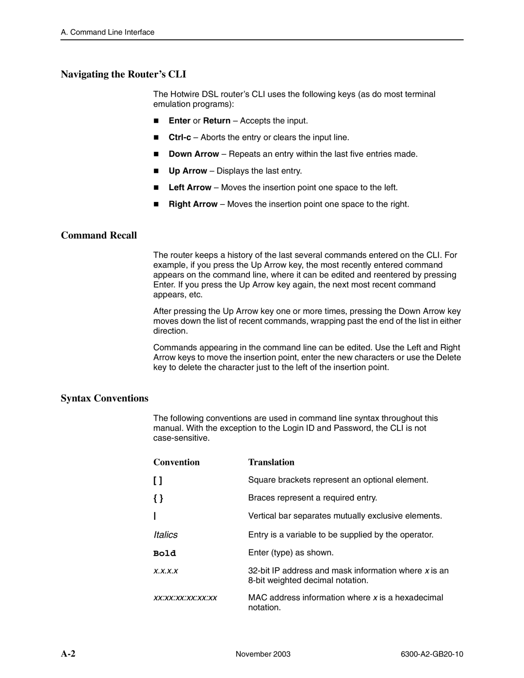 Paradyne 6351, 6341, 6301, 6342, 6371, 6302 manual Navigating the Router’s CLI, Command Recall, Syntax Conventions 