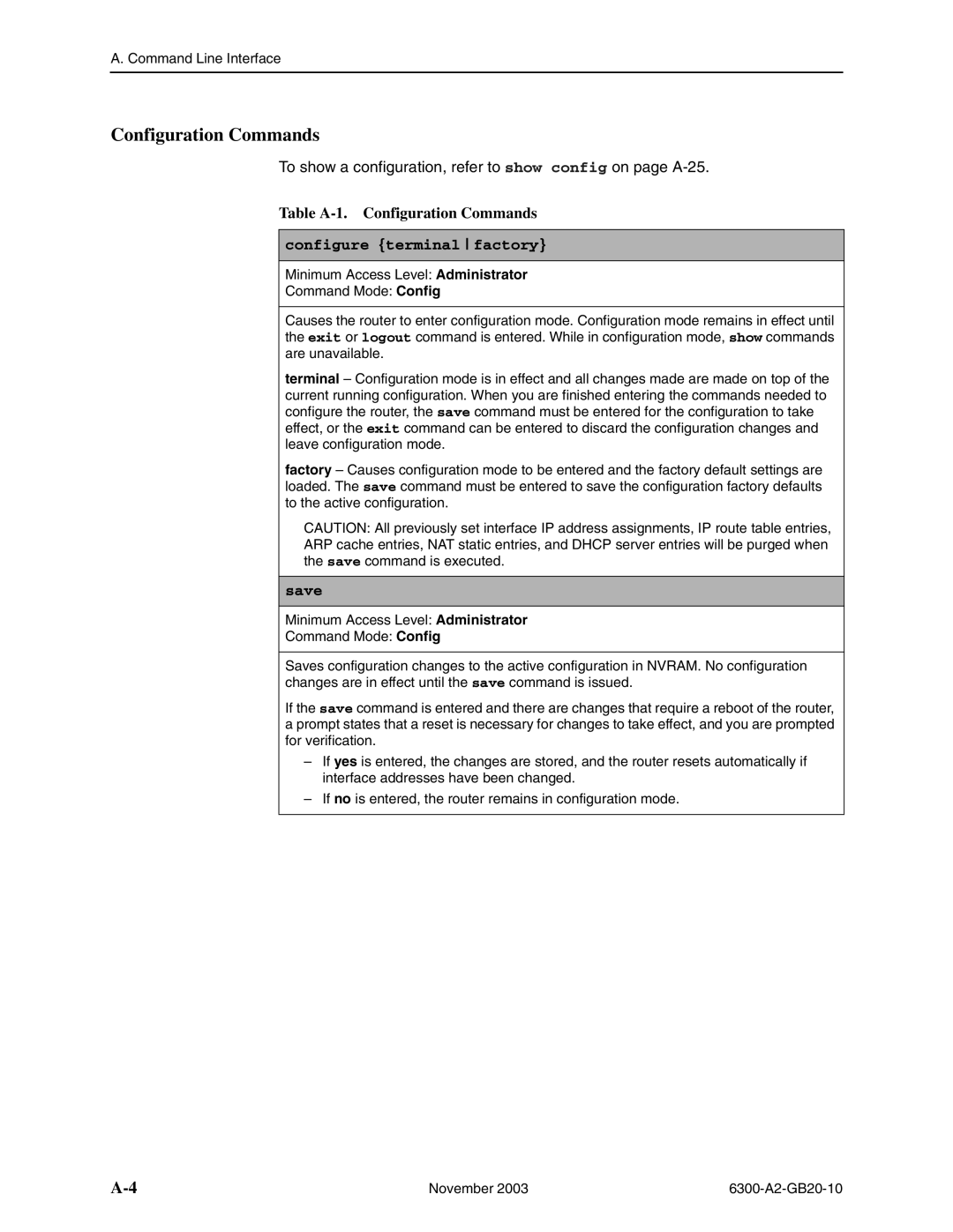 Paradyne 6341, 6301, 6342, 6371, 6351, 6302 manual Table A-1. Configuration Commands, Configure terminal factory, Save 