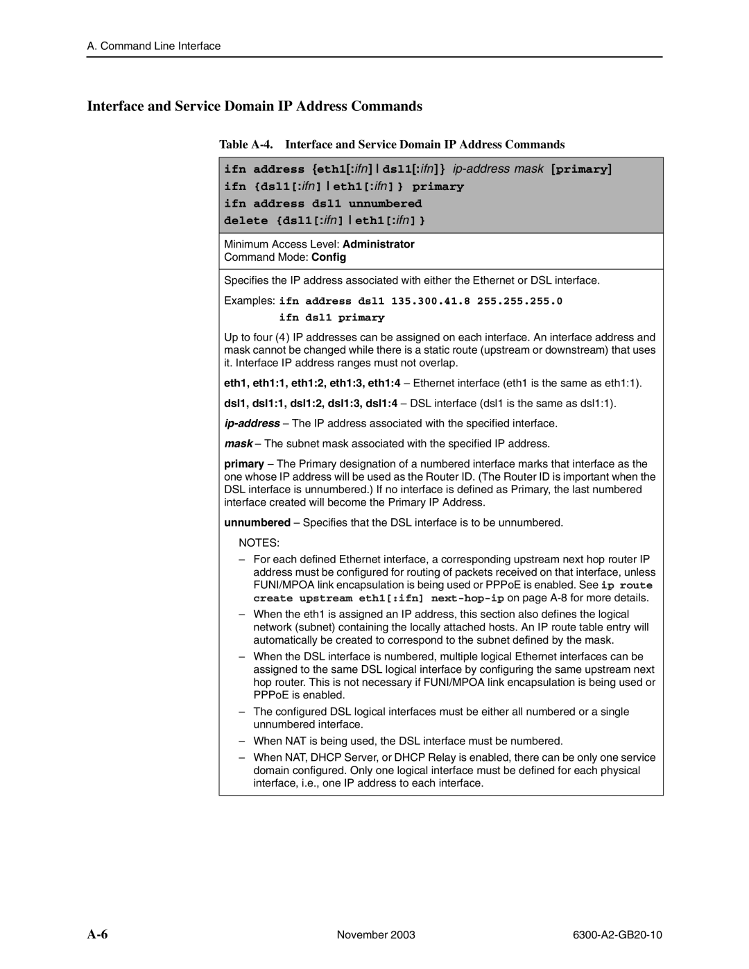 Paradyne 6342 Interface and Service Domain IP Address Commands, Examples ifn address dsl1 135.300.41.8 Ifn dsl1 primary 