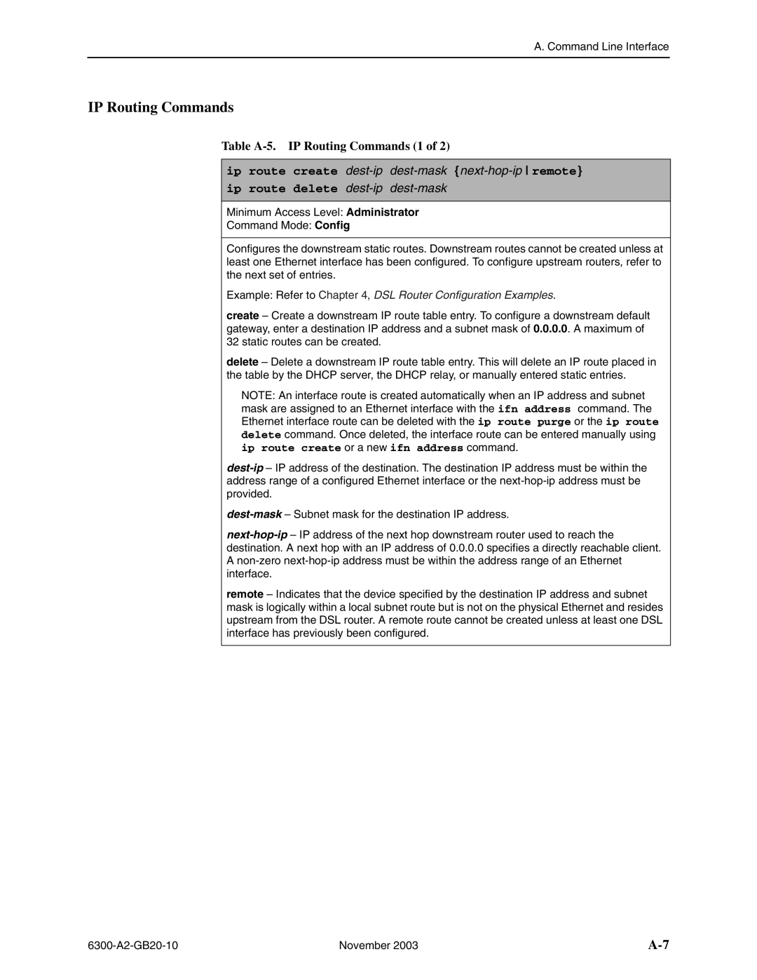 Paradyne 6371, 6341, 6301, 6342, 6351, 6302 manual Table A-5. IP Routing Commands 1 