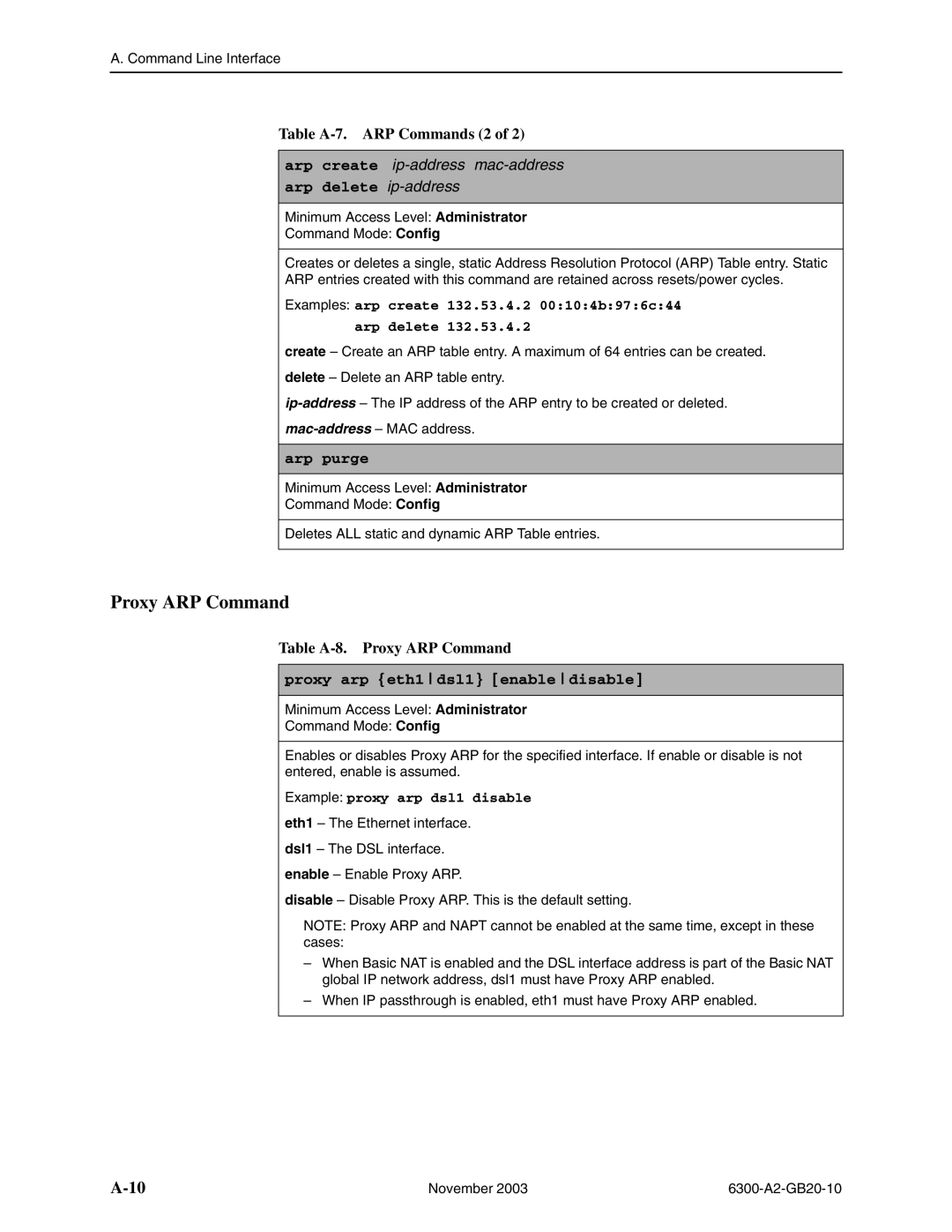 Paradyne 6341 Table A-7. ARP Commands 2, Arp purge, Table A-8. Proxy ARP Command, Proxy arp eth1 dsl1 enable disable 