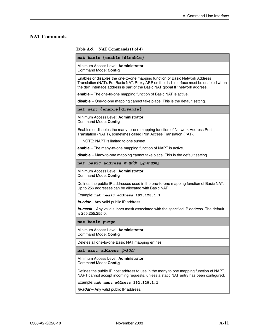 Paradyne 6301, 6341, 6342, 6371, 6351, 6302 manual Table A-9. NAT Commands 1 