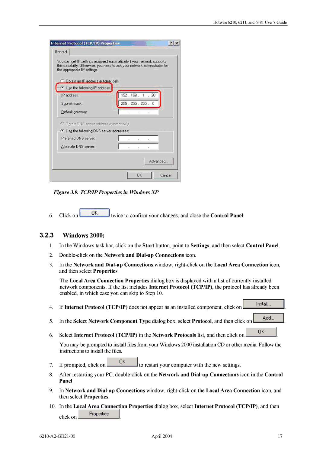 Paradyne 6210, 6381, 6211 manual TCP/IP Properties in Windows XP 