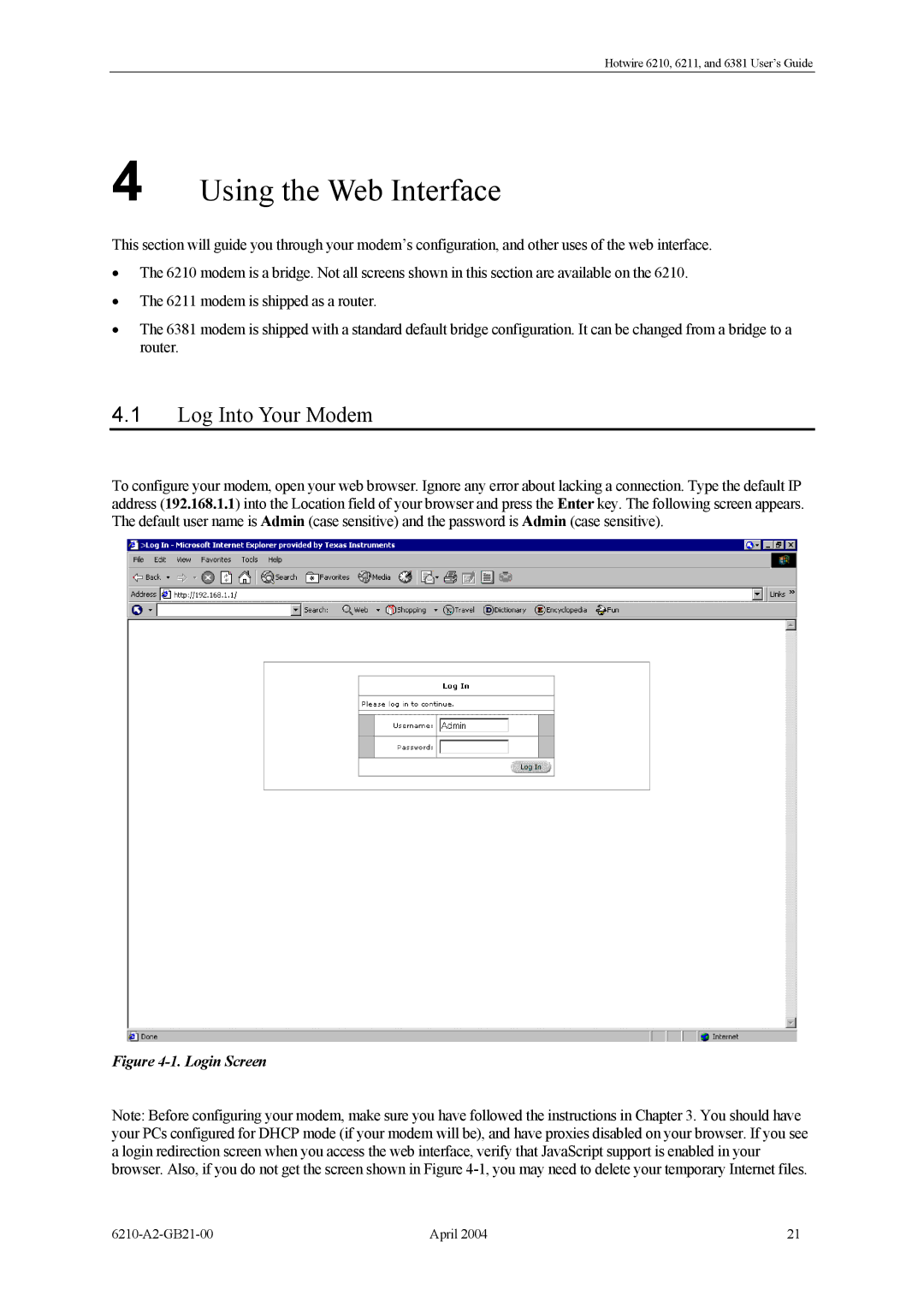 Paradyne 6381, 6211, 6210 manual Using the Web Interface, Log Into Your Modem 