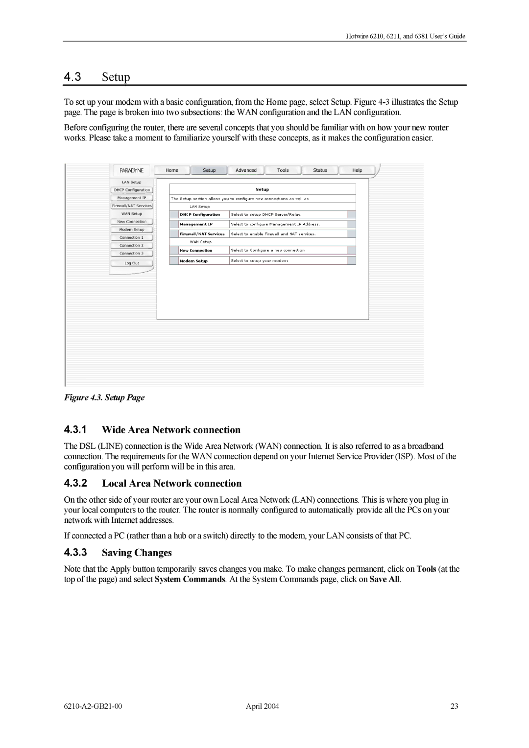 Paradyne 6210, 6381, 6211 manual Setup, Wide Area Network connection, Local Area Network connection, Saving Changes 