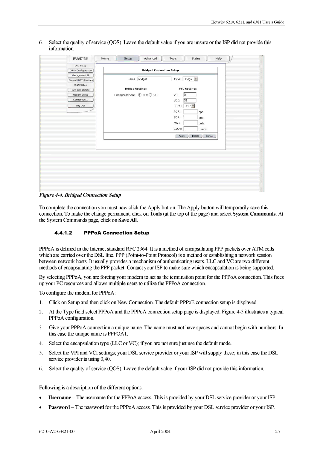 Paradyne 6211, 6381, 6210 manual Bridged Connection Setup 