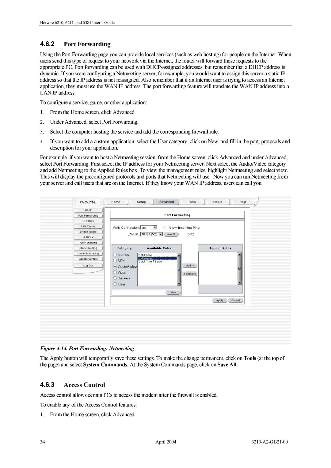 Paradyne 6211, 6381, 6210 manual Port Forwarding, Access Control 