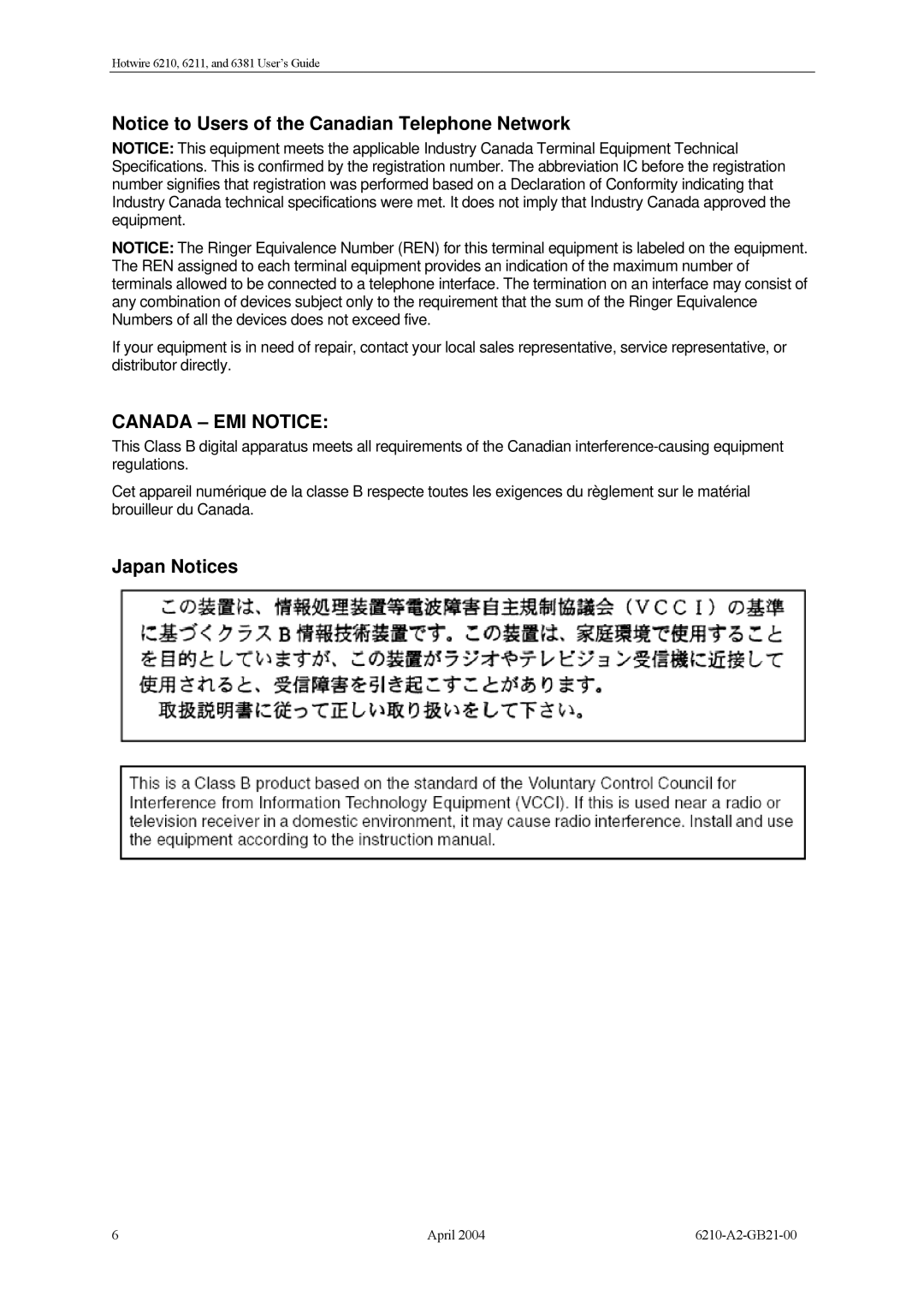 Paradyne 6381, 6211, 6210 manual Canada EMI Notice 