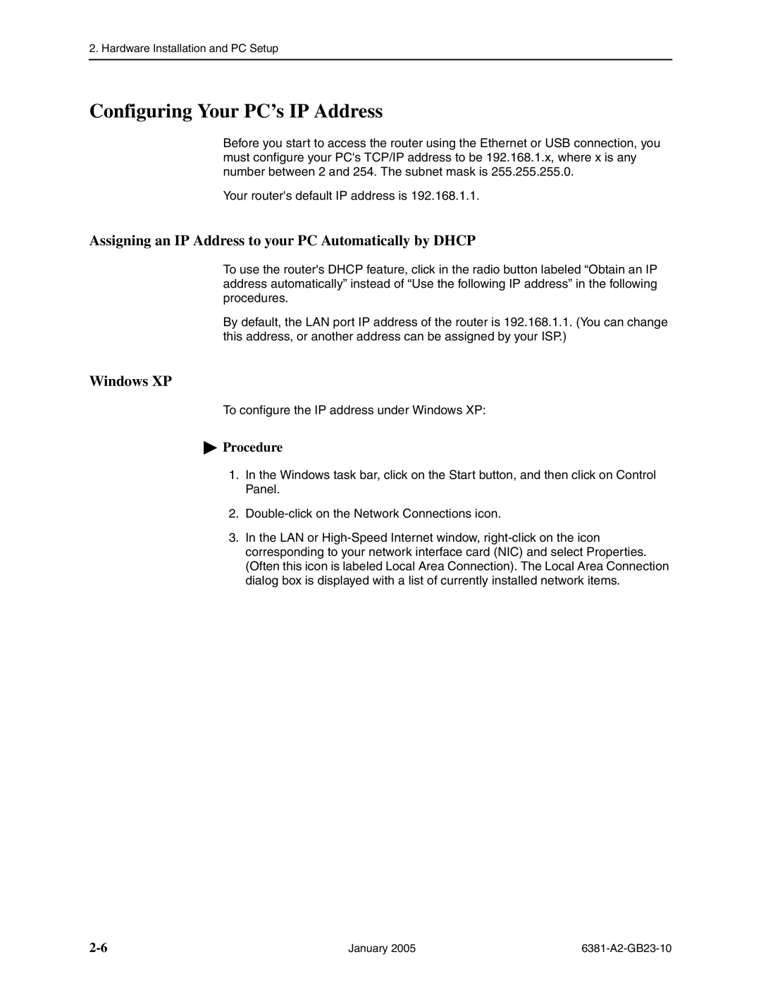 Paradyne 6381-A3 Configuring Your PC’s IP Address, Assigning an IP Address to your PC Automatically by Dhcp, Windows XP 