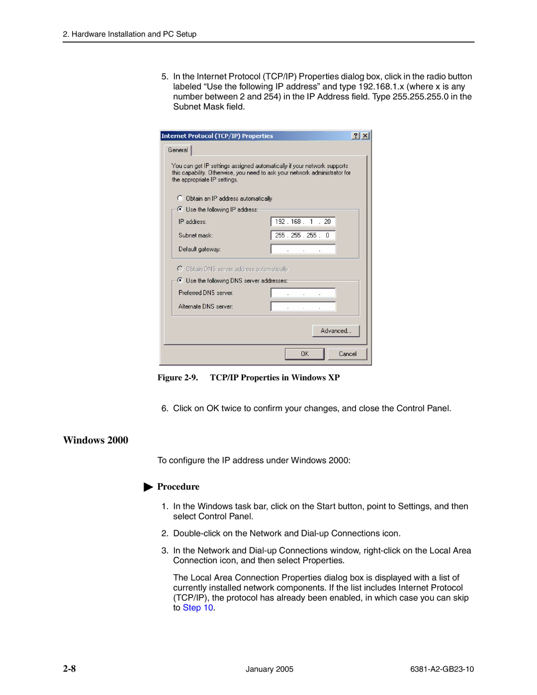 Paradyne 6381-A3 manual TCP/IP Properties in Windows XP 