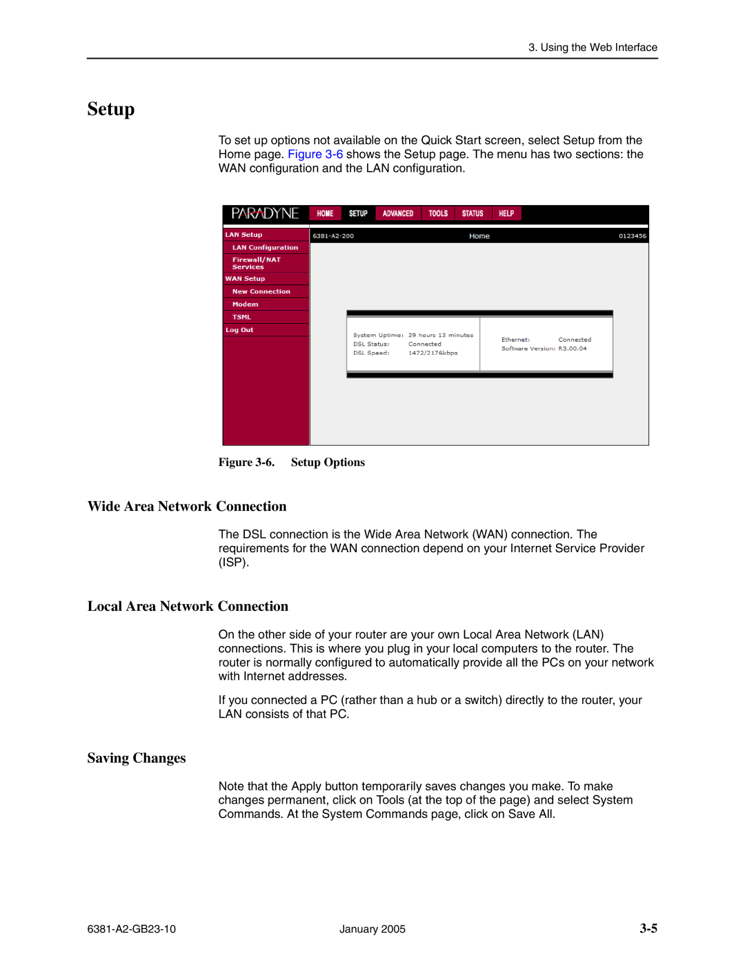 Paradyne 6381-A3 manual Setup, Wide Area Network Connection, Local Area Network Connection, Saving Changes 