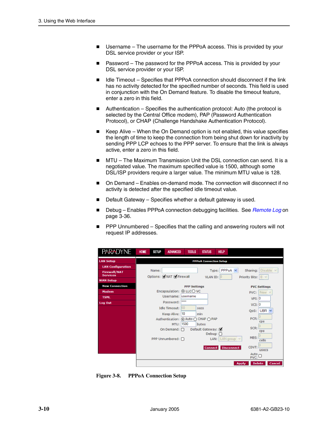 Paradyne 6381-A3 manual PPPoA Connection Setup 