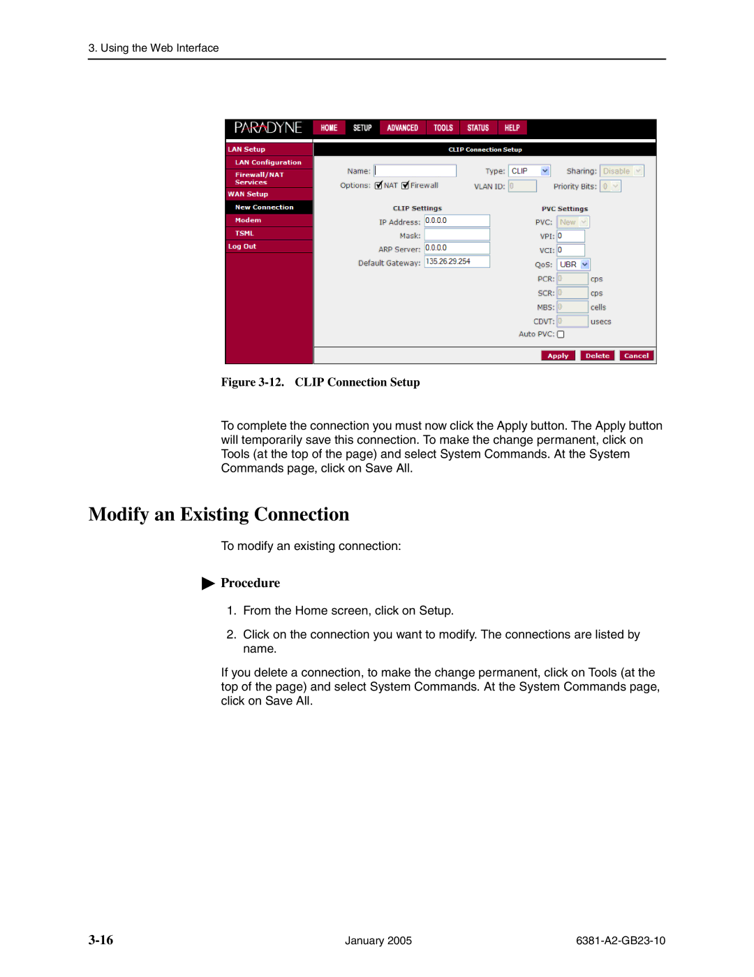 Paradyne 6381-A3 manual Modify an Existing Connection, Clip Connection Setup 