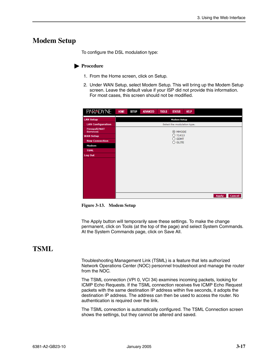 Paradyne 6381-A3 manual Modem Setup, Tsml 