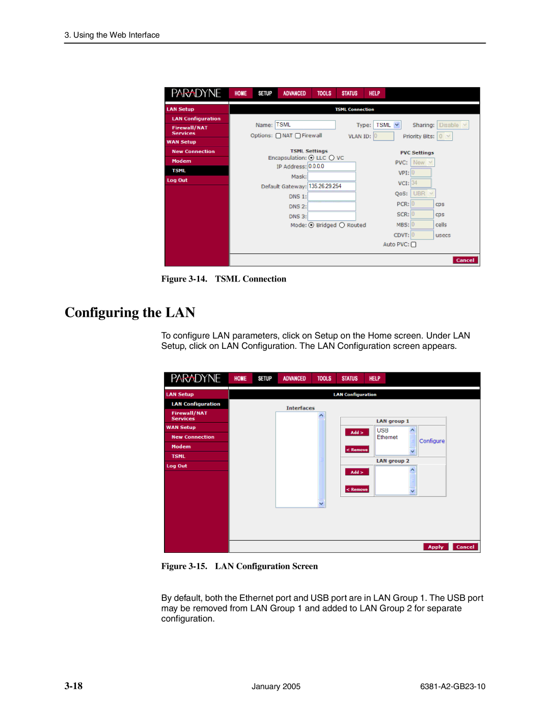 Paradyne 6381-A3 manual Configuring the LAN, Tsml Connection 