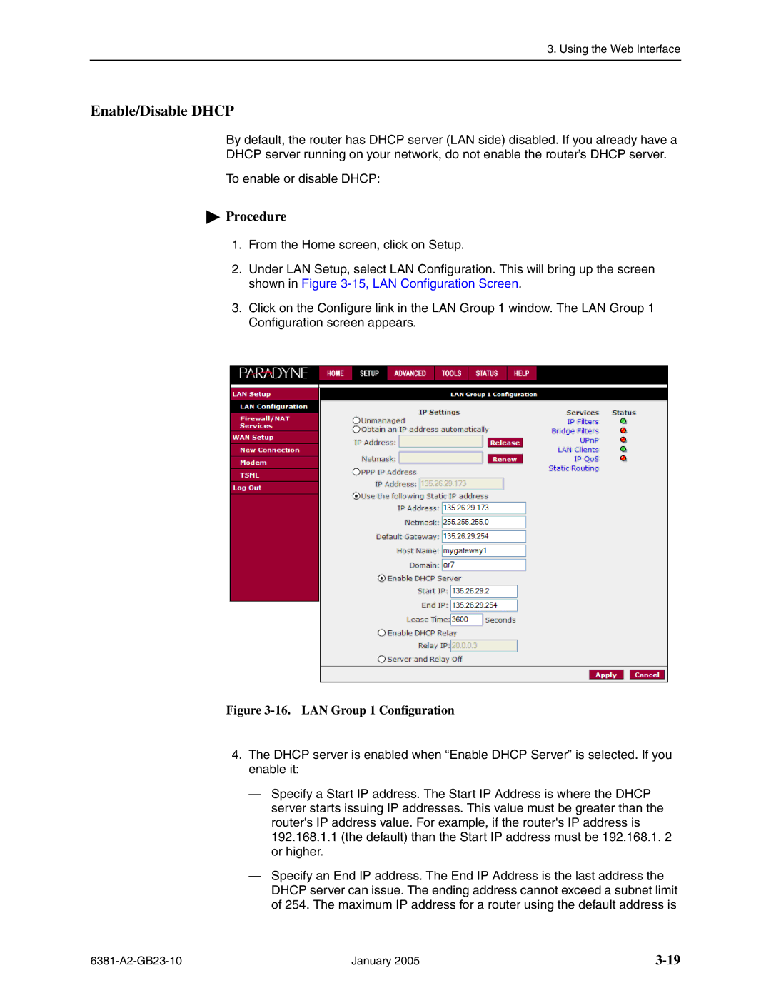 Paradyne 6381-A3 manual Enable/Disable Dhcp, LAN Group 1 Configuration 