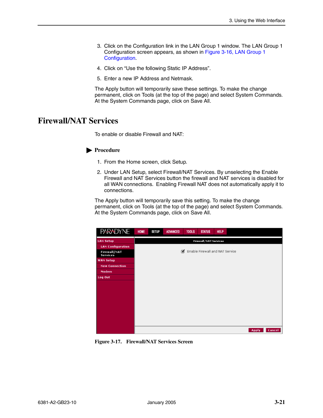 Paradyne 6381-A3 manual Firewall/NAT Services Screen 