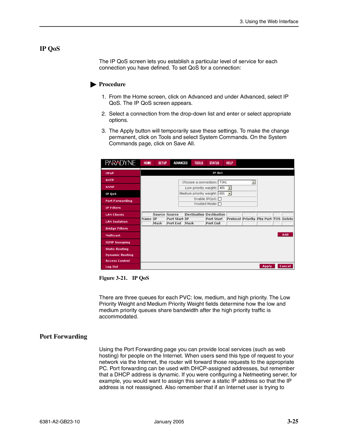 Paradyne 6381-A3 manual IP QoS, Port Forwarding 