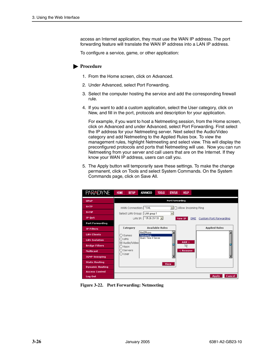 Paradyne 6381-A3 manual Port Forwarding Netmeeting 