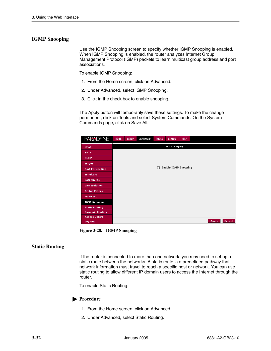 Paradyne 6381-A3 manual Igmp Snooping, Static Routing 