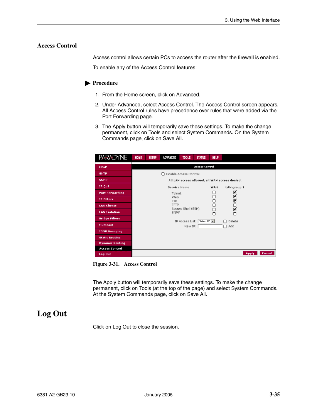 Paradyne 6381-A3 manual Log Out, Access Control 