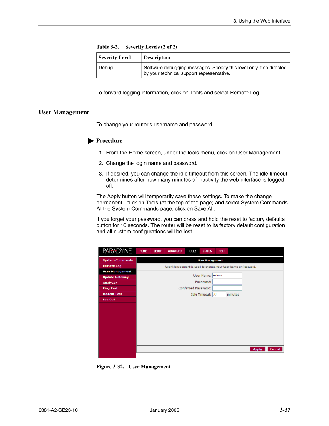 Paradyne 6381-A3 manual User Management, Severity Levels 2 Description 