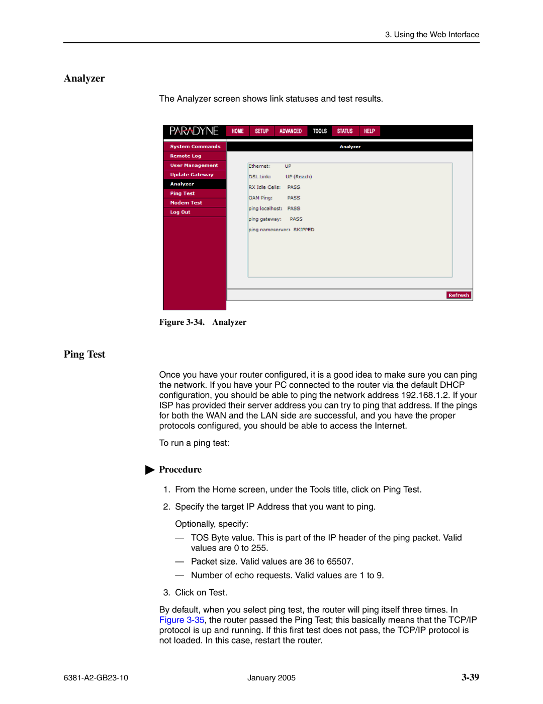 Paradyne 6381-A3 manual Analyzer, Ping Test 