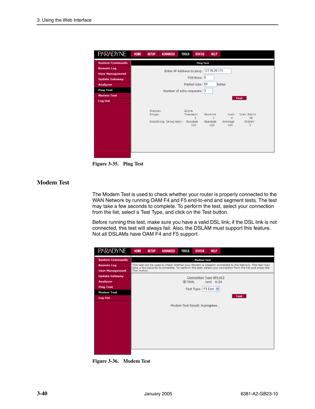 Paradyne 6381-A3 manual Modem Test, Ping Test 