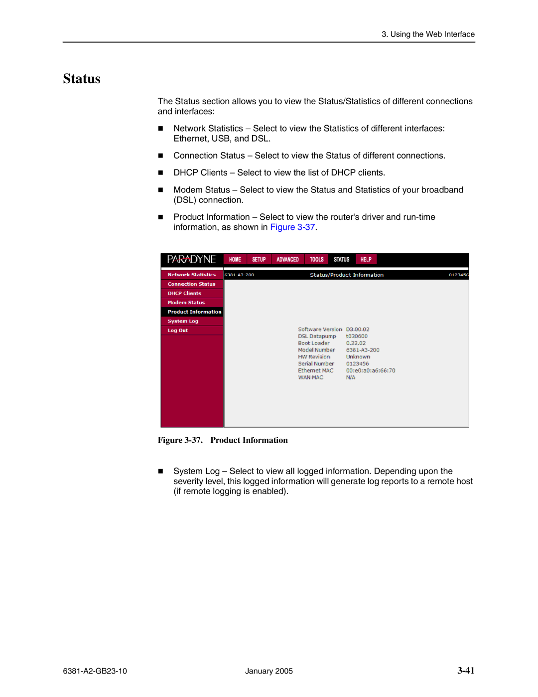 Paradyne 6381-A3 manual Status, Product Information 