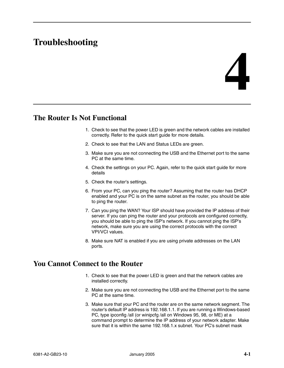 Paradyne 6381-A3 manual Troubleshooting, Router Is Not Functional, You Cannot Connect to the Router 