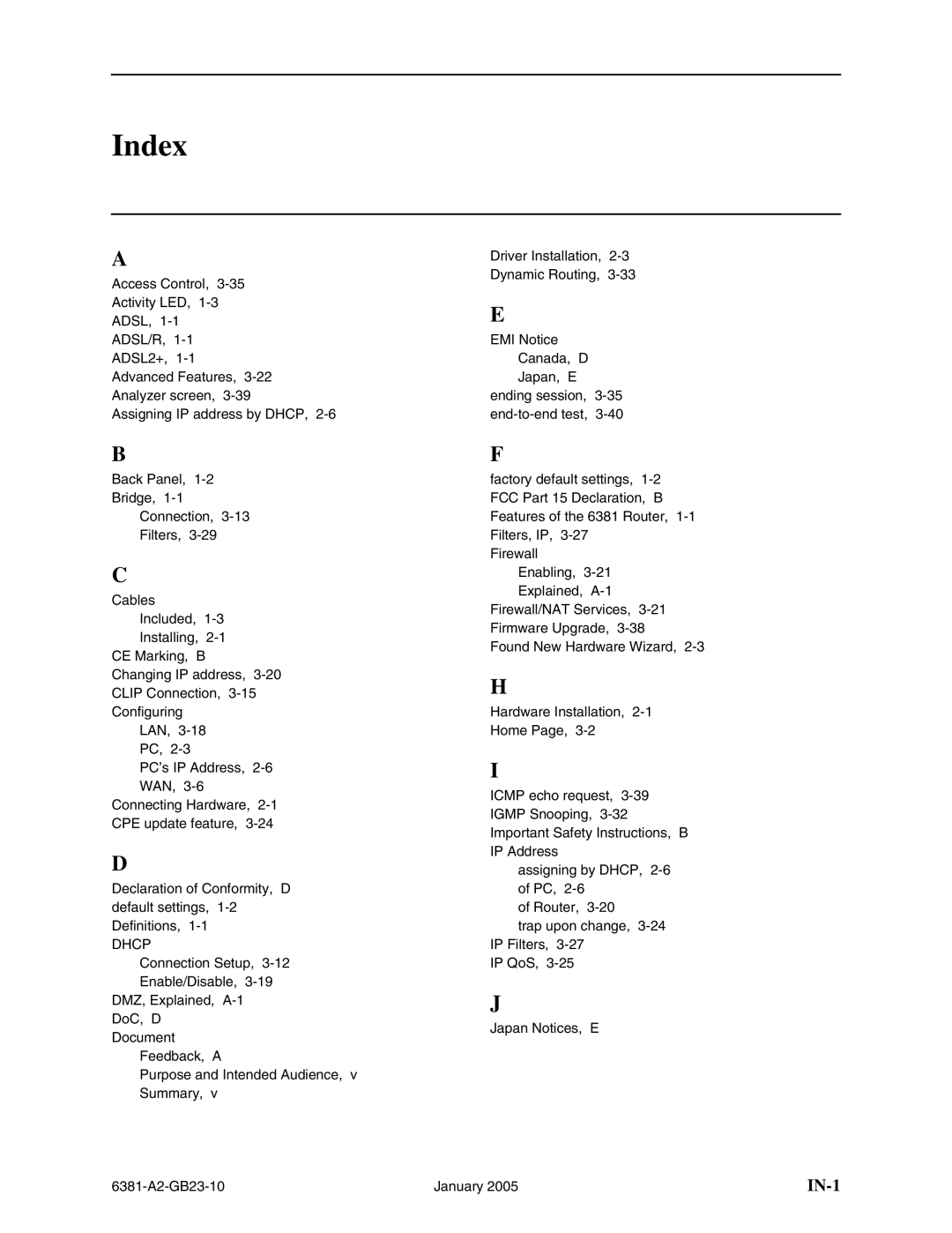 Paradyne 6381-A3 manual Index, Dhcp 