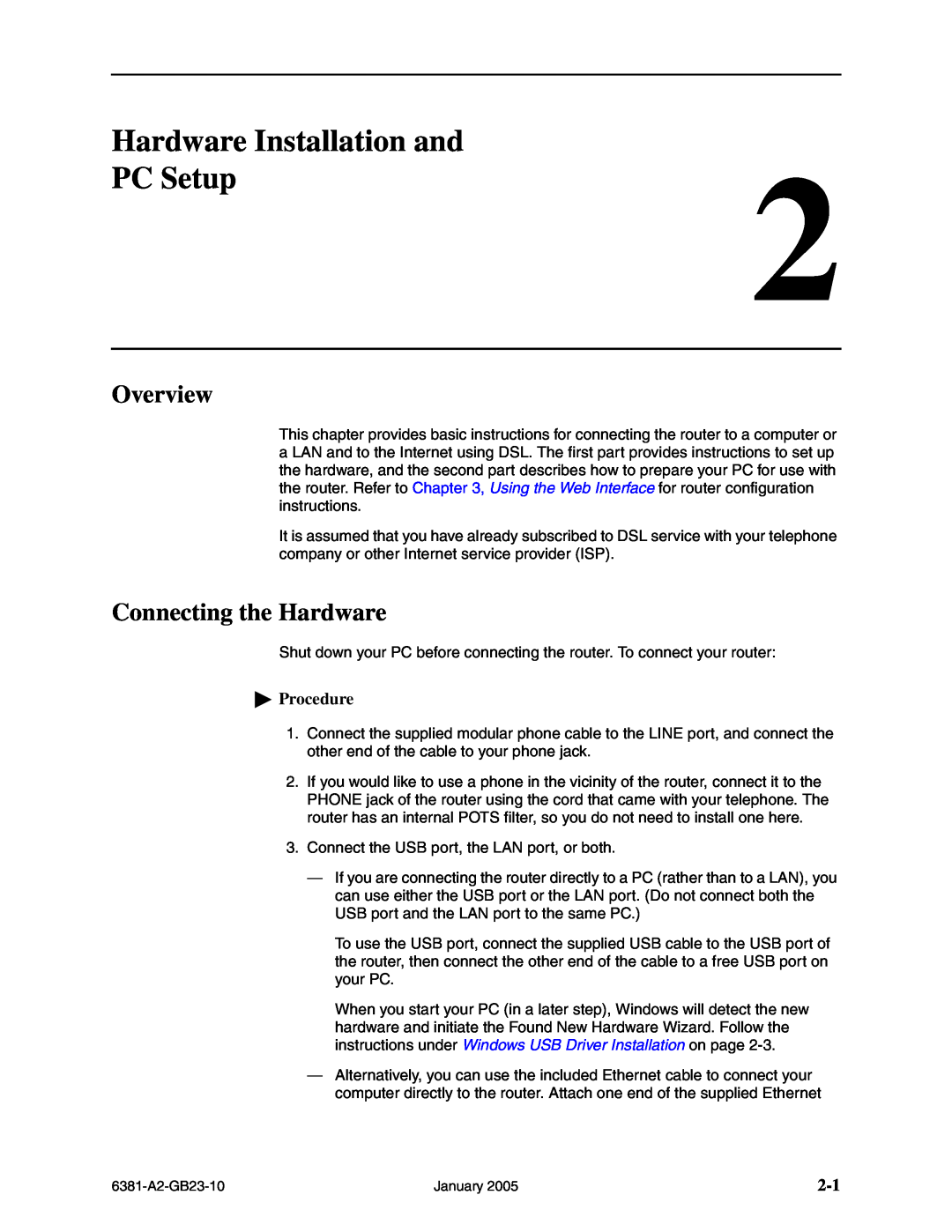 Paradyne 6381-A3 manual Hardware Installation and, PC Setup, Overview, Connecting the Hardware, Procedure 