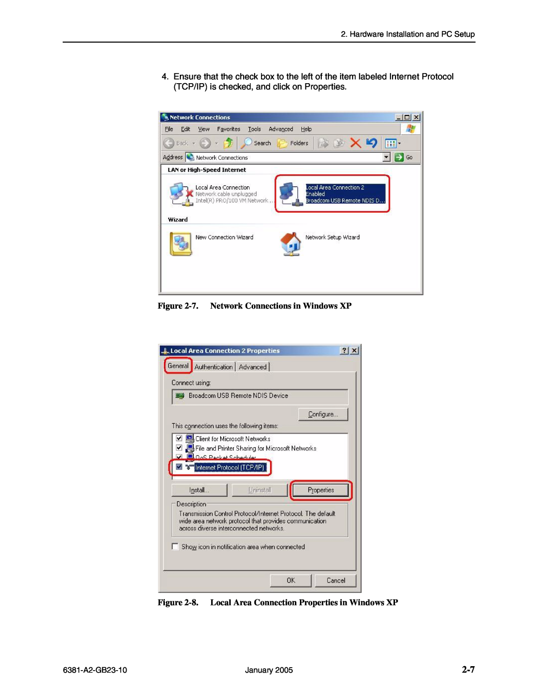 Paradyne 6381-A3 manual 7. Network Connections in Windows XP, 8. Local Area Connection Properties in Windows XP 