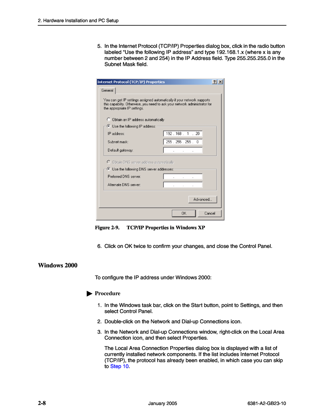 Paradyne 6381-A3 manual 9. TCP/IP Properties in Windows XP, Procedure 