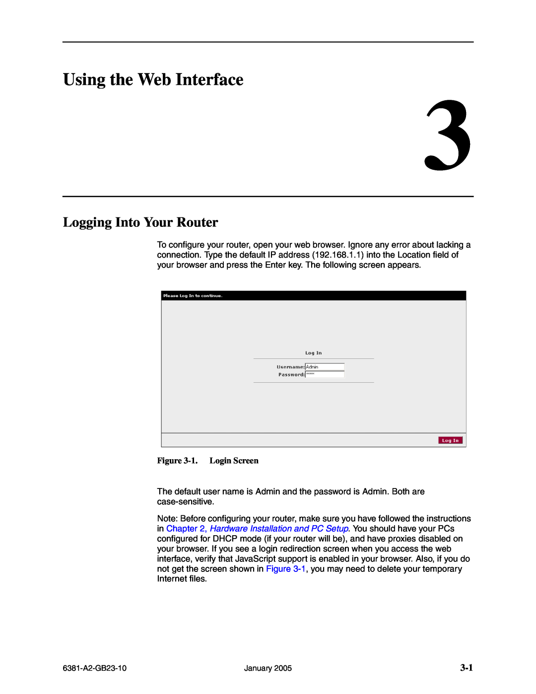 Paradyne 6381-A3 manual Using the Web Interface, Logging Into Your Router, 1. Login Screen 